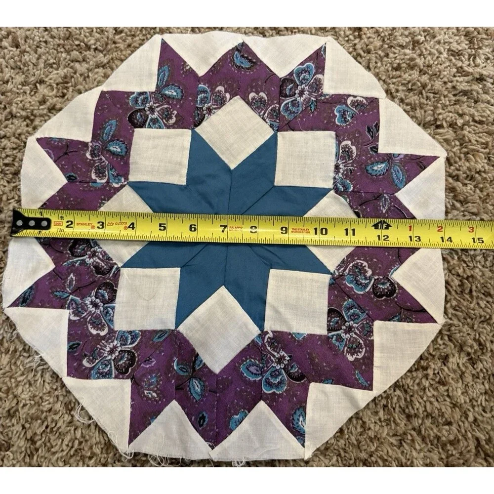 Vintage Hand Pieced Quilt Block Orphan Square 8-Point Star Purple Teal 14